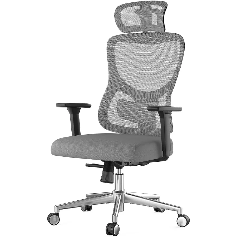 Chairs - 自宅でのオフィスワークやゲームに最適な、人間工学に基づいたデザインのオフィスチェア。グレーの生地を使用したメッシュバック、調整可能なランバーサポート、ヘッドレスト、3Dアームレストを備えています。