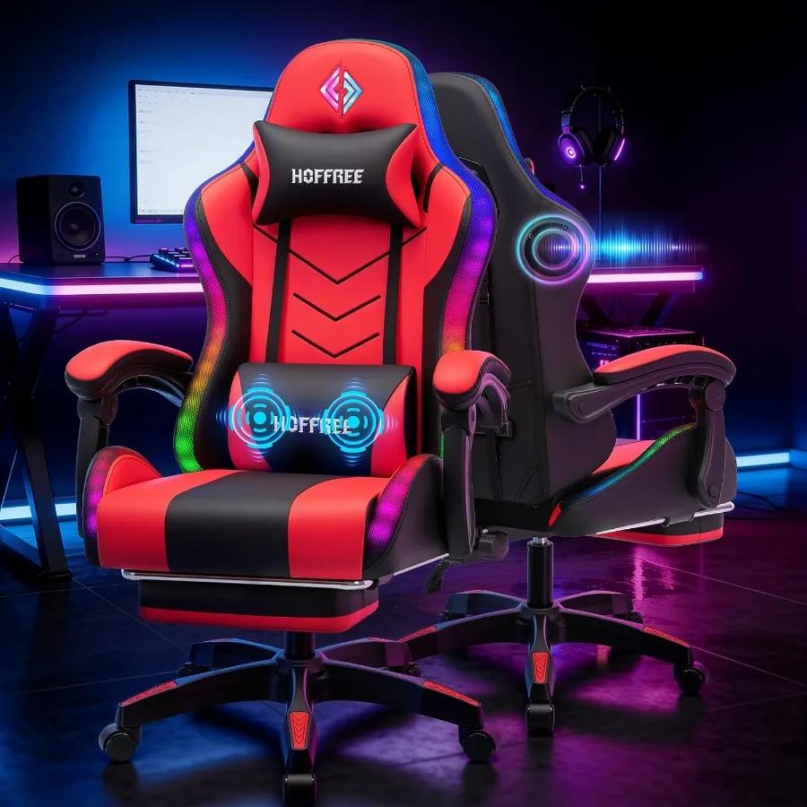 Chairs - ゲーミング環境に最適な、スピーカーと音楽に合わせて点滅するLEDライトを搭載したRGBゲーミングチェア。赤色のPUレザーを使用し、人間工学に基づいた設計で、快適な座り心地と調整可能な高さを実現。