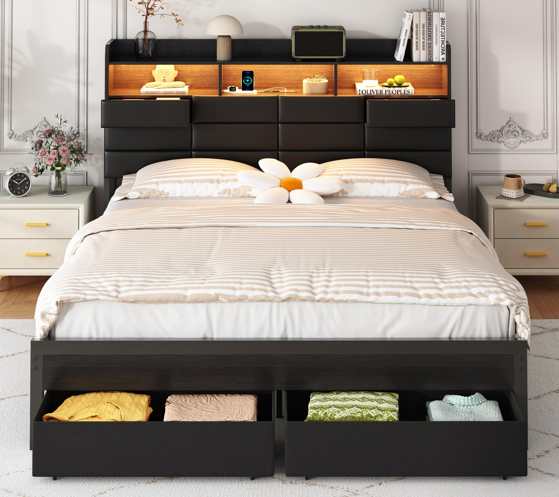 King Size Bed Frame With Storage Drawers - 収納引き出しと充電ステーション付きのキングサイズベッドフレーム、ブラック