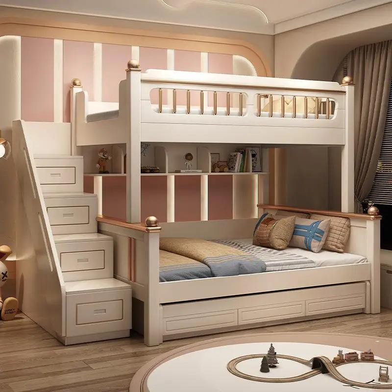 King Size Bed Frame With Storage Drawers - 135x190cm木製マットレス付き二段ベッド、スライド式はしご付きキングサイズフレーム、3つの引き出し収納、子供用ロフトベッド、クイーンサイズベッド、2人用家具