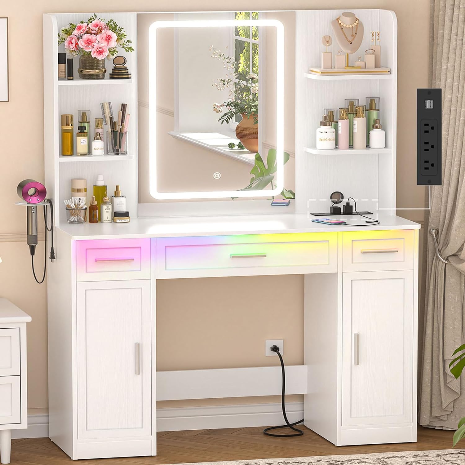 Dressing Table Vanity With Lighted Mirror - 照明付きミラーと引き出しを備えた白いドレッサーテーブル、寝室用ドレッサー、幅41.3インチ、カスタムメイド。