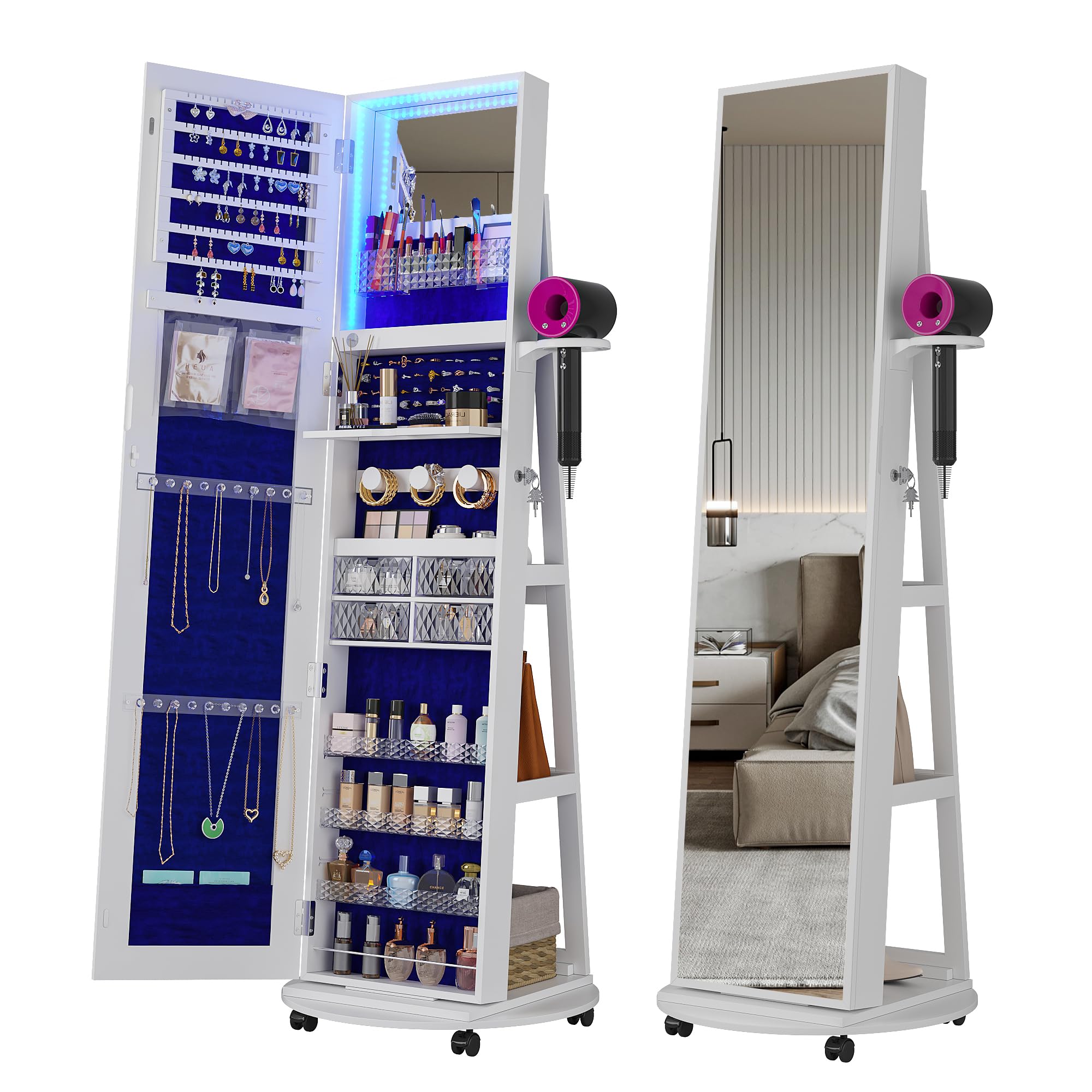 Full Length Mirror Jewelry Armoire - 360 ° 回転式のジュエリーキャビネット（鏡付き）、LEDライト付きのジュエリーキャビネット（自立式）、全身鏡付きのジュエリー収納キャビネット