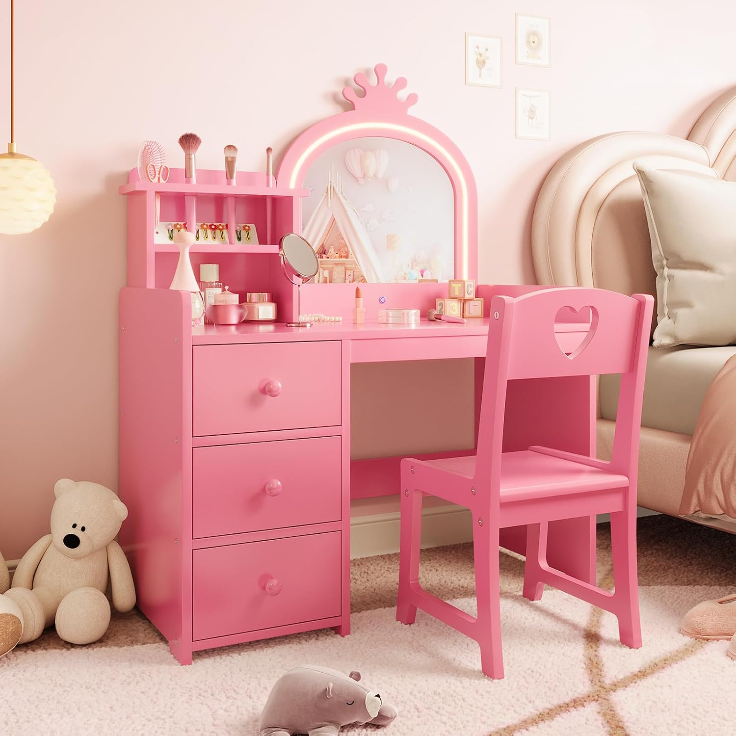 Dressing Table Vanity With Lighted Mirror - ライト付きミラー付きの子供用ドレッサーテーブル、ピンク色のプリンセス風木製ドレッサーセット（椅子、収納棚、引き出し付き）、2-in-1の女の子用ドレッシングテーブル。