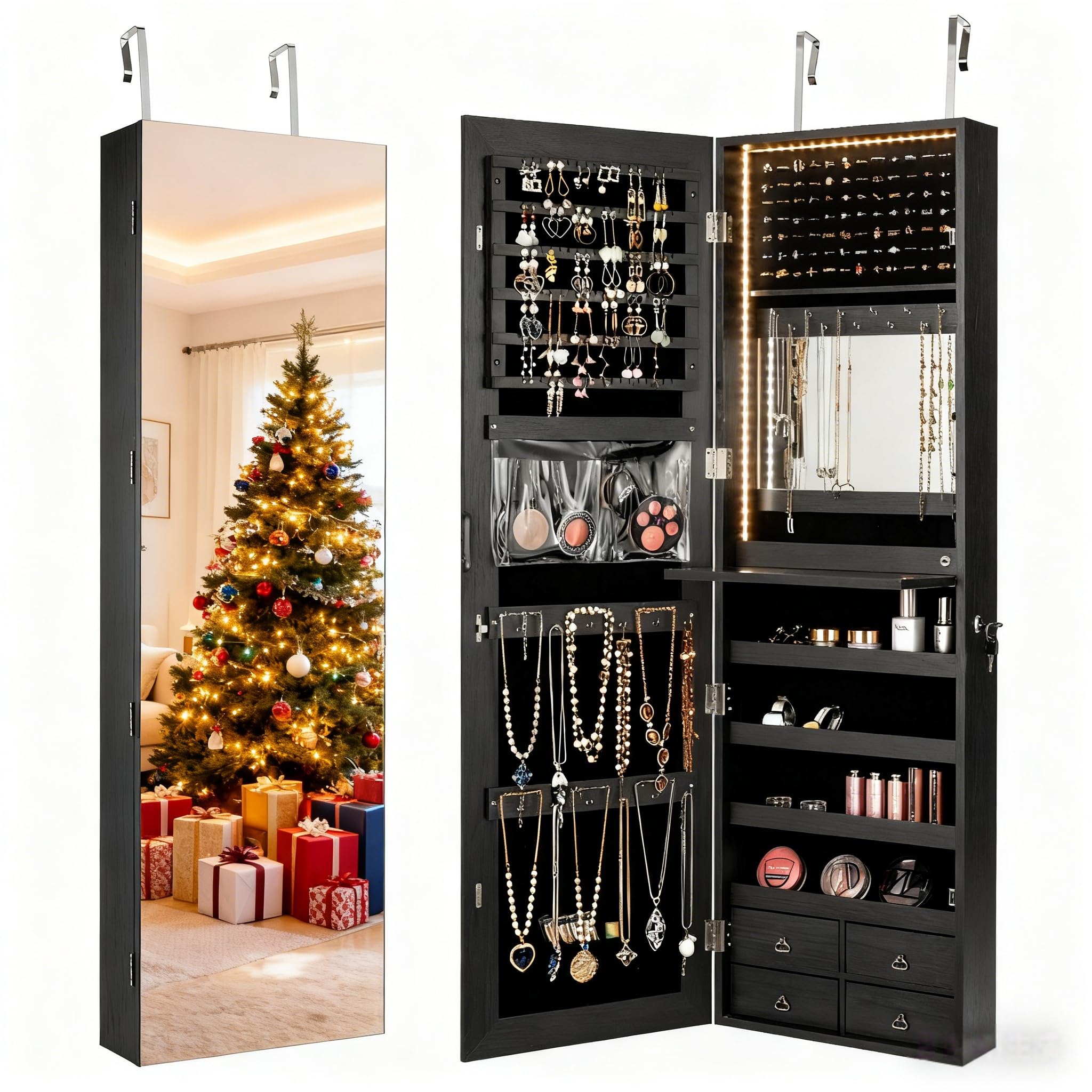 Full Length Mirror Jewelry Armoire - 47インチLEDジュエリー収納キャビネット。収納スペース付きのドア/壁掛け式ミラー、4段の棚、4つの引き出し、全身鏡、および跳ね上げ式の天板付き。