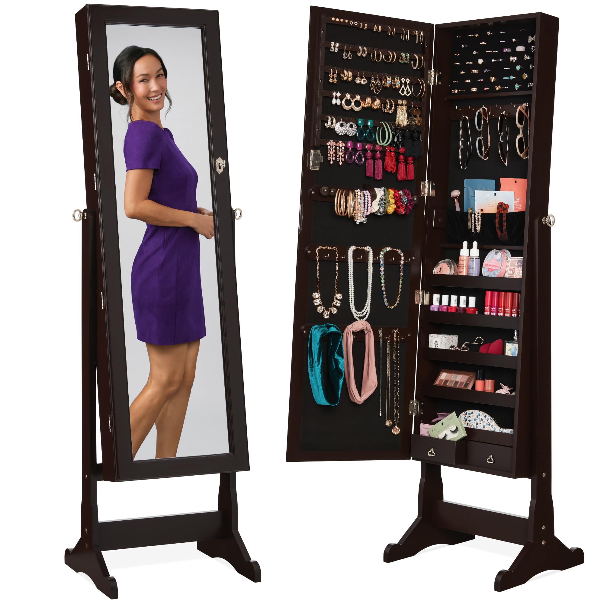 Full Length Mirror Jewelry Armoire - 自立式のジュエリー収納キャビネット、全身鏡、鍵付きの化粧品収納オーガナイザー、内側はベルベット生地