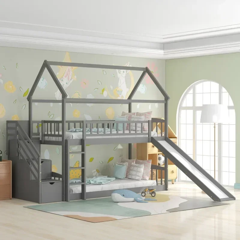 無垢材を使用した子供用二段ベッド。スライドと階段付きの二段ベ - Bunk Bed With Stairs And Slide のレビューと価格