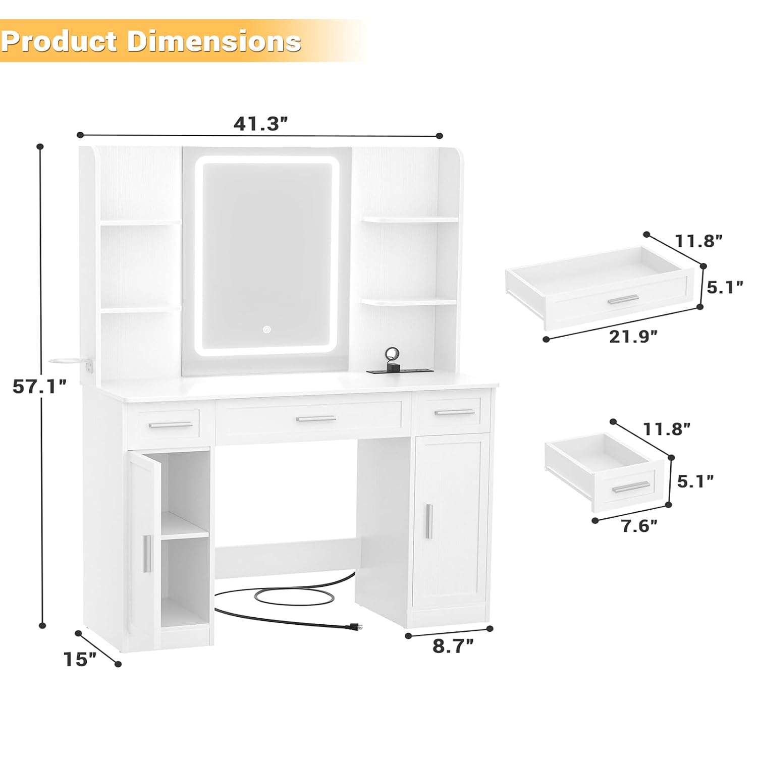 照明付きミラーと引き出しを備えた白いドレッサーテーブル、寝室 - Dressing Table Vanity With Lighted Mirror のレビューと価格