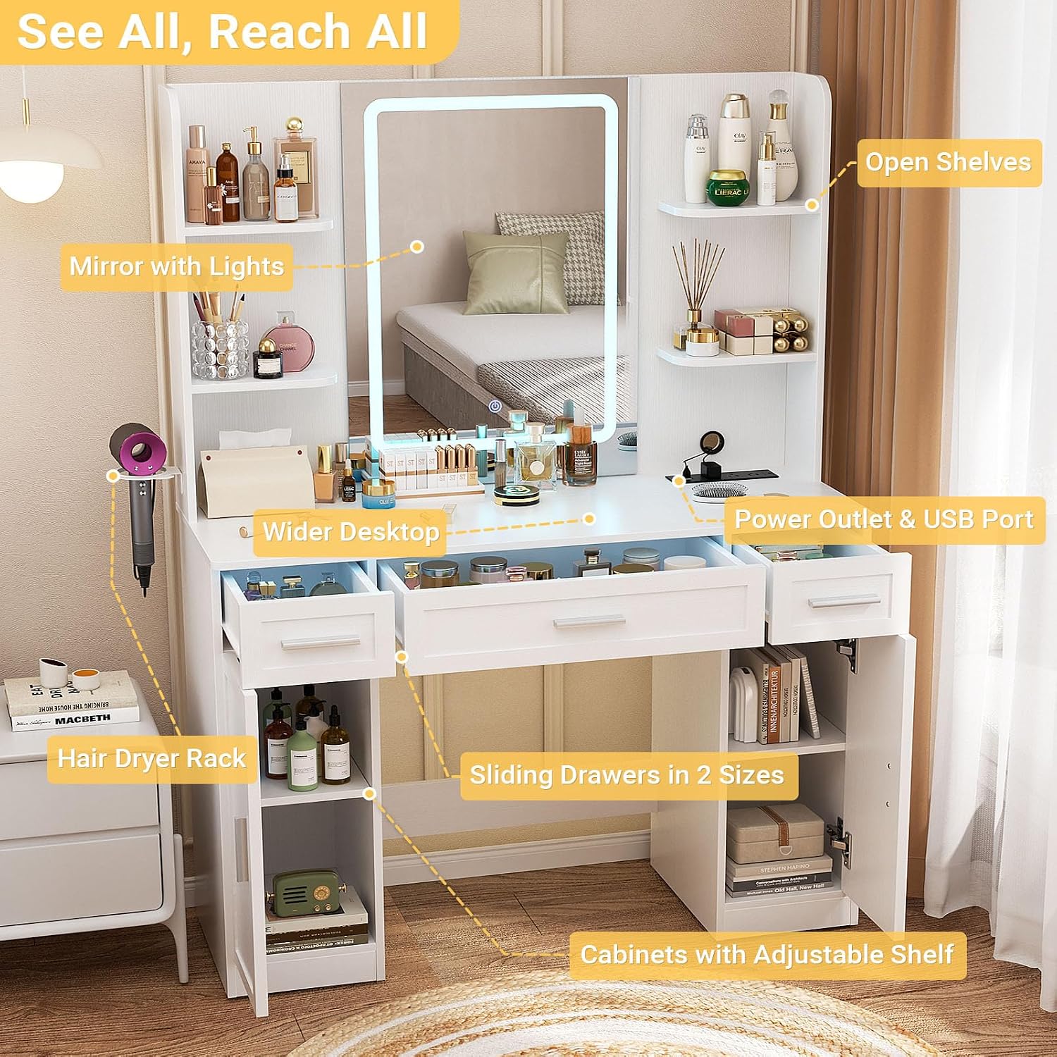 照明付きミラーと引き出しを備えた白いドレッサーテーブル、寝室 - Dressing Table Vanity With Lighted Mirror のレビューと価格