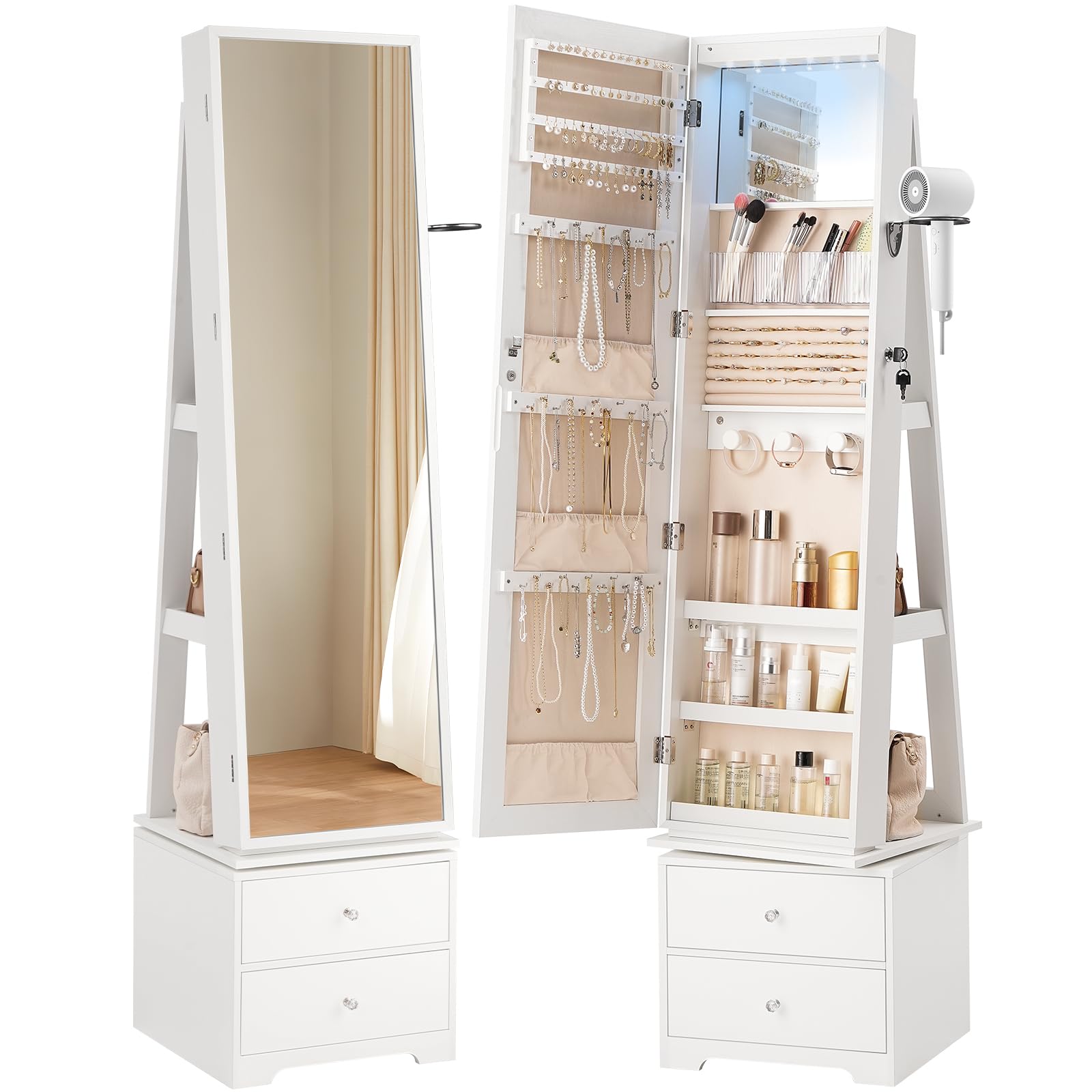 360 °   LEDライト付きの回転式ジュエリーキャビネッ - Full Length Mirror Jewelry Armoire のレビューと価格