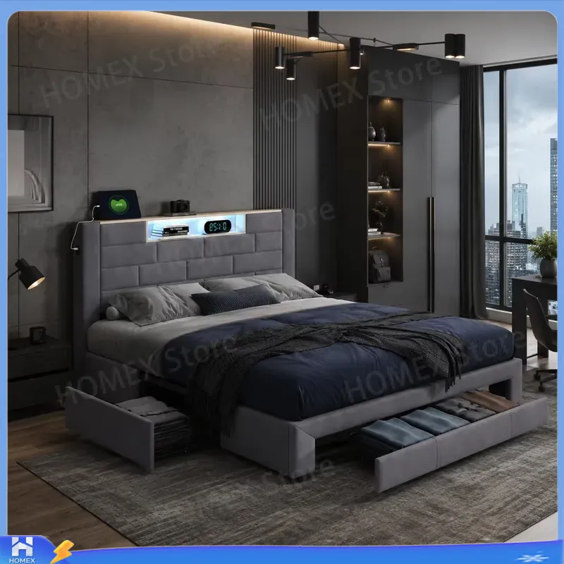 幅1.5mのダブルベッドフレーム。収納付きオットマン、ガス圧 - Gas Lift Storage Bed Hydraulic のレビューと価格